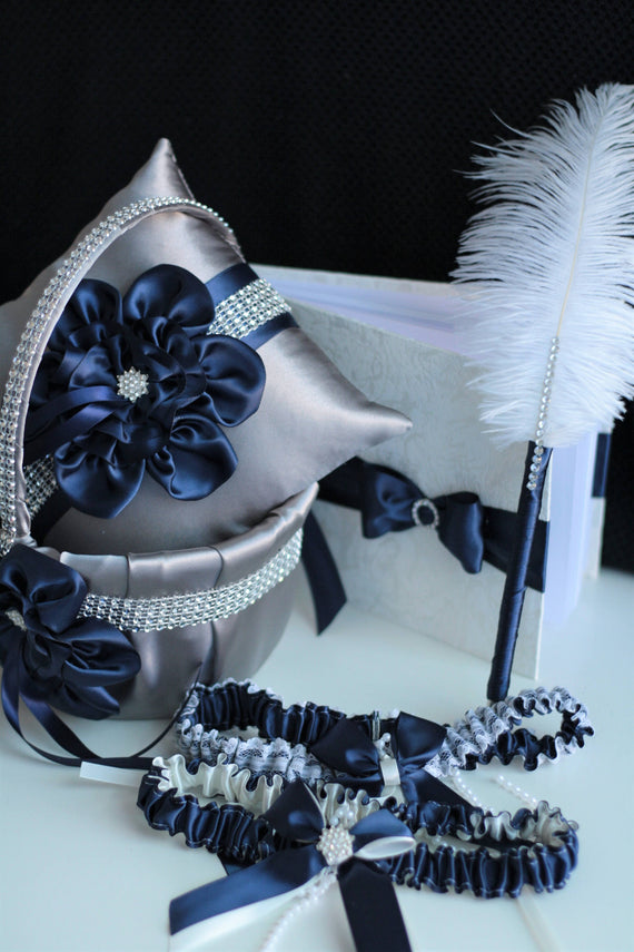 Navy Wedding Pillow / Navy Wedding Basket / Navy Garter Set / Navy Guest Book with Pen / Navy Gray Flower Girl Basket / Navy Blue Bearer