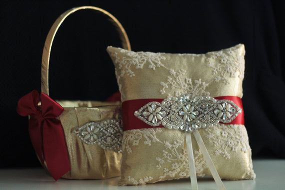 Gold Wedding Basket Pillow Set / Gold Red Bearer Pillow / Gold Red Basket for Petals / Red Gold Flower Girl Basket / Jewel Wedding basket