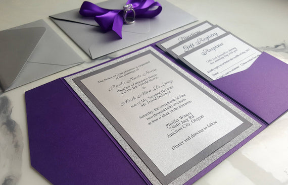 Purple Silver Wedding Invitations / Metallic Pocket Fold Invites / Purple Invitations / RSVP card / Insert cards / Glitter silver invites
