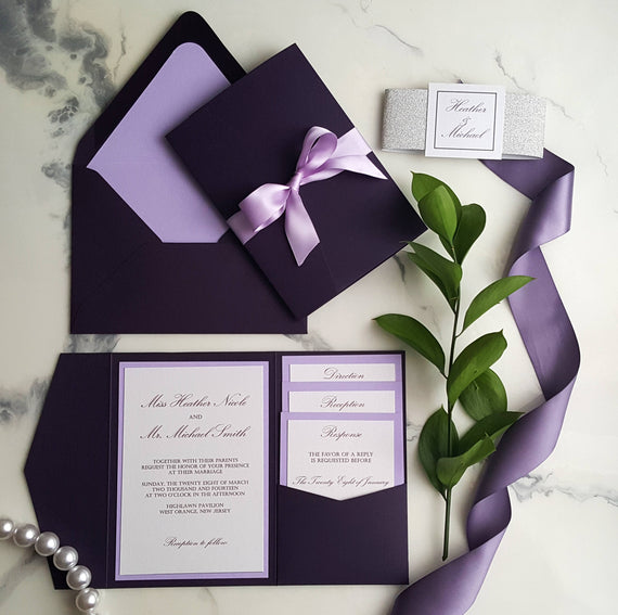 Plum Violet Wedding Invitations / Plum Invitations / Plum Pocket Fold Invites / Purple Invitations / Egg Plant Invites / Lilac Invitations