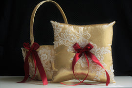 Gold Wedding Baskets, Burgundy Ring Bearer, Gold Flower Girl Basket, Burgundy Wedding Basket pillows Set, Lace Gold Bearer, Gold Ring Pillow