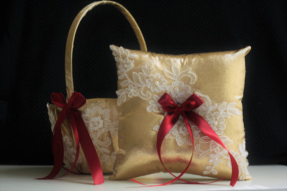 Gold Wedding Baskets, Burgundy Ring Bearer, Gold Flower Girl Basket, Burgundy Wedding Basket pillows Set, Lace Gold Bearer, Gold Ring Pillow