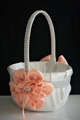 Peach Wedding Basket \ Peach Flower Girl Basket Pillow Set \ Ivory Peach Basket \ Ivory Peach Wedding Ring Bearer Pillow, Peach Ivory Basket