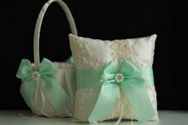 Mint Wedding Pillow / Mint Wedding Basket / Mint Flower Girl Basket / Mint Ring Bearer Pillow / Mint ring holder Lace ring Pillow Basket Set