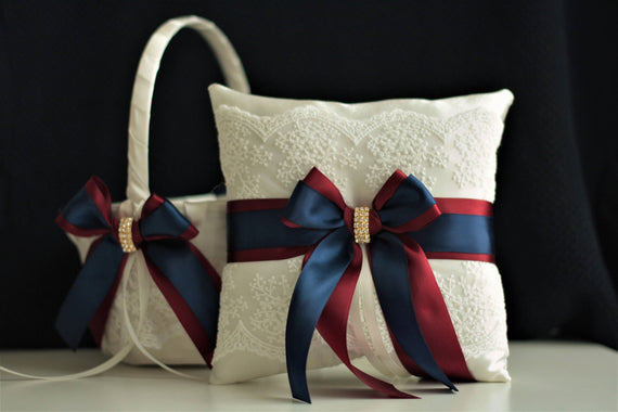 Navy Wedding Basket, Burgundy Bearer Pillow, Navy Flower Girl Basket, Navy Ring Bearer Pillow, Navy Ring Bearer, Burgundy Basket Pillow Set