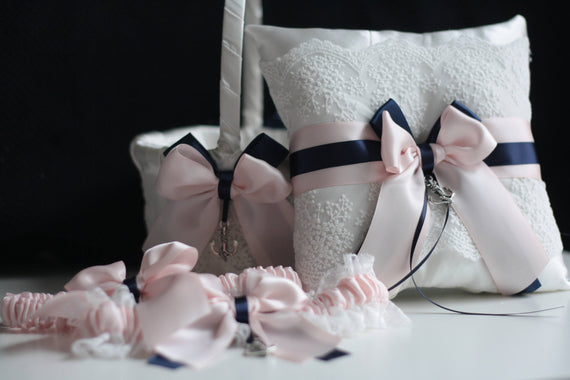 Navy Pink Wedding Basket / Navy Pink Bearer / Navy Blush Anchor / Anchor Garter Set / Sea Anchor Wedding / Anchor Bearer Flower Girl Basket