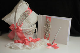 Coral Wedding Accessories Decor / Jewel Flower Girl Basket and Ring Bearer Pillow Set