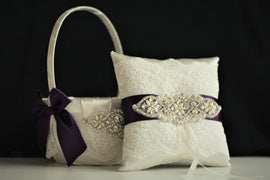 Plum Wedding Basket Pillow Set / Plum Ring Bearer Pillow / Plum Flower Girl Basket / Jewel Wedding Basket / Jewel Wedding Pillow Lace Bearer