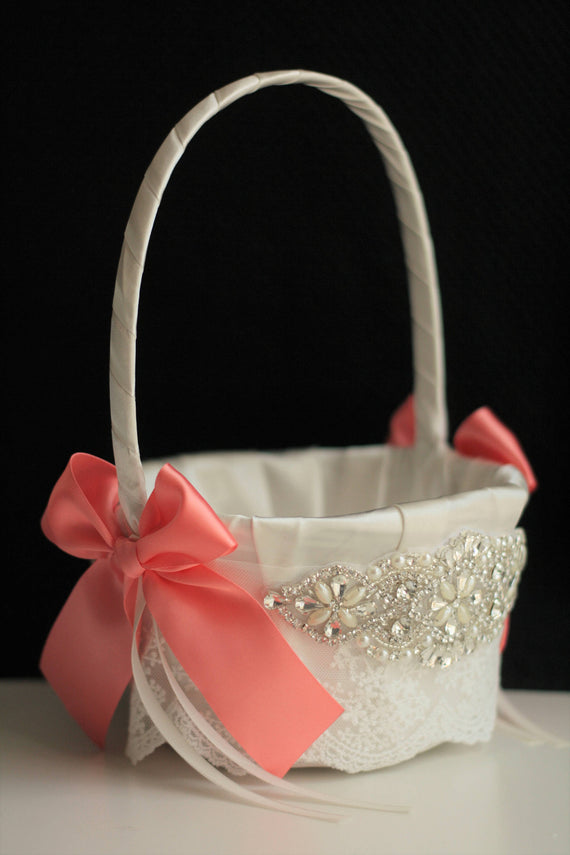 Coral Flower Girl Basket / Coral Wedding Basket / Lace Coral Basket for petals / Coral Ceremony Basket Coral Petals Basket Jewel Wedding Set