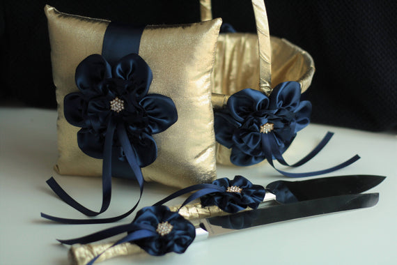 Gold Navy Bearer Pillow / Gold Navy Flower Girl Basket Pillow Set / Gold Navy Server Set / Cake Serving Set / Gold Navy Wedding Basket
