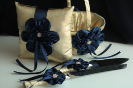 Gold Navy Bearer Pillow / Gold Navy Flower Girl Basket Pillow Set / Gold Navy Server Set / Cake Serving Set / Gold Navy Wedding Basket