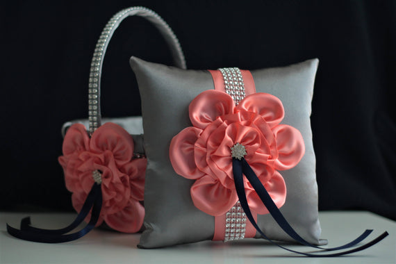 Gray Coral Navy Wedding Basket Pillow Set / Coral Flower Girl Basket / Gray Ring Bearer Pillow / Coral Navy Bearer / Gray Coral Basket