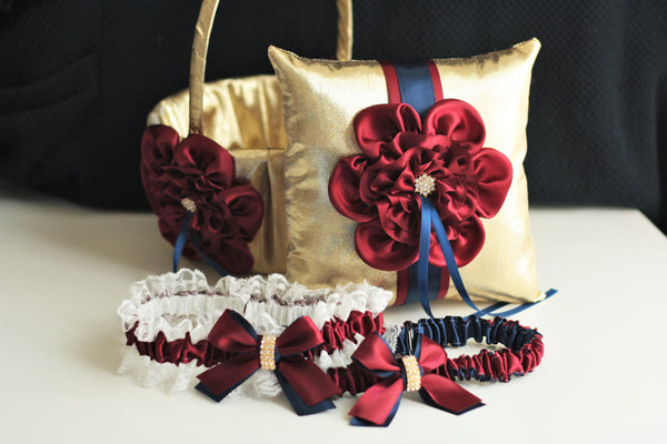 Burgundy Flower Girl Basket \ Burgundy Navy Gold Bearer Pillow \ Navy Burgundy Garter Set \ Navy Burgundy Wedding Pillow Basket Set