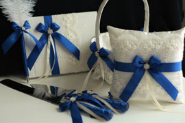 Ivory Royal Blue Bearer Pillow / Royal Blue Wedding Basket / Blue Guest Book with Pen / Blue Cake Server  Blue Flower Girl Basket Pillow Set