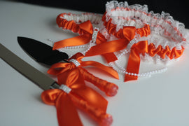 Orange Cake Server Set, Orange Bridal Garter / Orange Cake Serving set / Wedding cake knife and Server \ Orange Wedding garters
