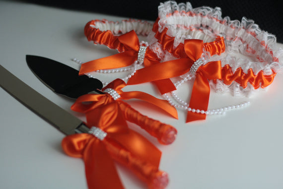 Orange Cake Server Set, Orange Bridal Garter / Orange Cake Serving set / Wedding cake knife and Server \ Orange Wedding garters