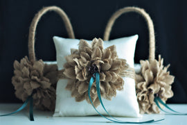 Teal Rustic Pillow / Rustic Flower Girl Basket / Burlap Flower Basket / Burlap Ring Bearer Pillow / Rustic Wedding Basket Teal Rustic Basket