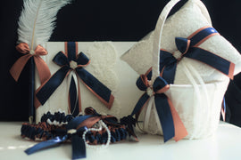 Rose Gold Navy Wedding Basket / Navy Ring Bearer Pillows / Guest Book with Pen Rose gold Garters \ Rose Gold Bearer / Flower Girl Basket