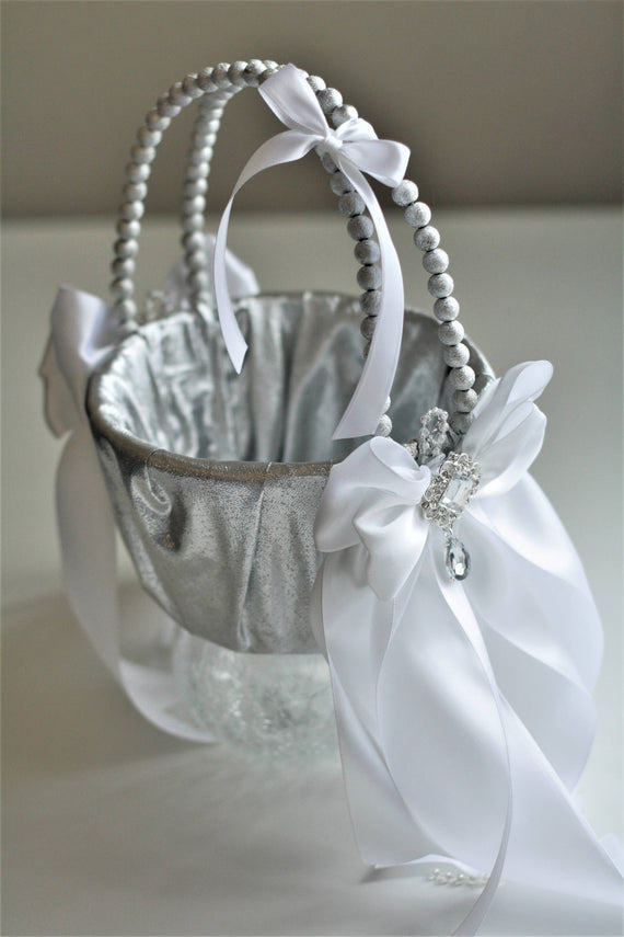 Silver Wedding Basket + Silver Ring Bearer Pillow \ Silver Flower Girl Basket + Silver Wedding Pillow  Silver White Bearer Pillow basket Set
