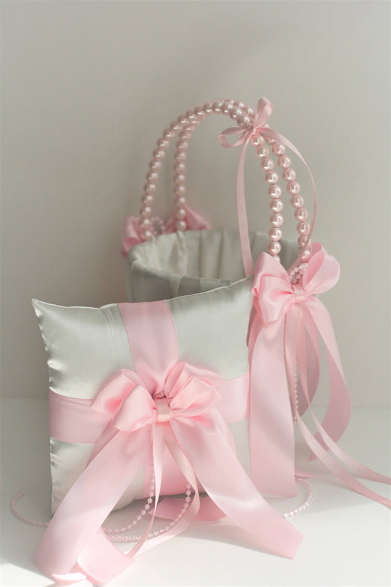 Ivory Pink Wedding Basket / Pink Ring Bearer Pillow / Pink Flower Girl Basket + Pink Wedding Pillow  Ivory Pink Bearer Pillow basket Set