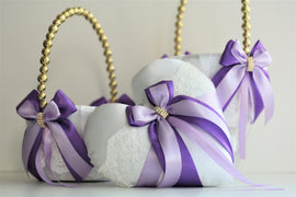 Purple Flower Girl Basket / Violet Heart Ring Bearer \ Pearl Handle Basket \ Purple Wedding Basket, Purple Heart Bearer, Lace Wedding Basket