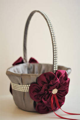 Gray Burgundy Basket / Gray Flower Girl Basket / Gray Wedding basket / Gray Red Basket / Burgundy Wedding / Burgundy basket Gray Vine Basket
