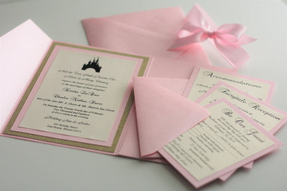 Pink Wedding Invites \ Pocket Fold Invites, Metallic Pocket Fold, Pink invitations, fairy tale invites, Personalized Invites RSVP card