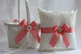 Coral Wedding Basket, Coral Ring Bearer Pillow Basket Set, Lace Ring Bearer Coral Flower Girl Basket Coral Wedding Pillow, petals basket