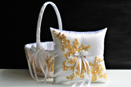 White Ring Bearer Pillow, Gold Flower Girl Basket, Gold Wedding Basket, White Gold bearer pillow, Gold basket pillow set Gold Wedding Pillow