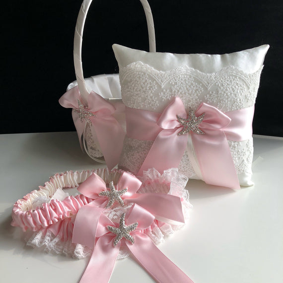 Starfish Ring Bearer, Pink Flower Girl Basket, Blush Wedding Pillow, Pink Wedding Basket, Lace Ring Pillow Basket Set, Starfish Basket