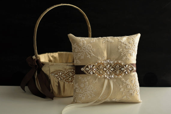Brown Ring Bearer Pillow, Gold Flower Girl Basket, Gold Brown Wedding Pillow, Gold Wedding Basket Pillow Set, Brown Gold Bearer Pillow