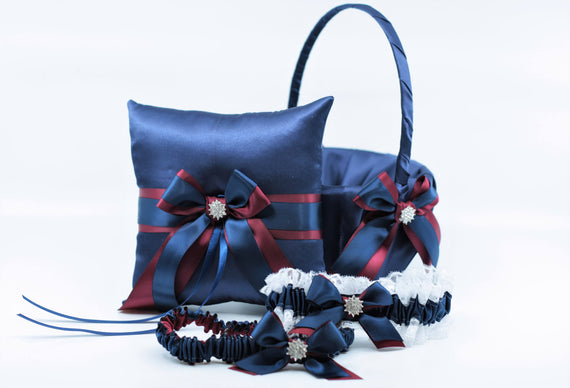 Navy Burgundy Basket / Vine Ring Bearer / Navy Vine Bearer / Navy Blue Basket / Navy ring Bearer pillow basket set / Navy Bridal Garter set