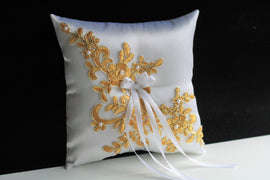 Gold Ring Bearer Pillow, White Gold bearer pillow, basket pillow set, Gold Wedding Pillow Gold Lace Bearer Marriage Pillow Gold Ring Holder