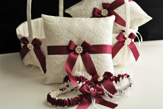 Wine Flower Girl Basket / Wine Ring Bearer Pillow / Wine Wedding Basket Pillow set / Lace Wedding Pillow Lace ring pillow Ivory Lace pillow