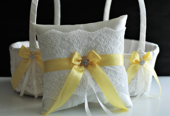 Yellow Ring Bearer Pillow, Yellow Flower Girl Basket, Canary Yellow Wedding Basket Pillow Set, Yellow Wedding Ring Pillow Yellow Ring Holder