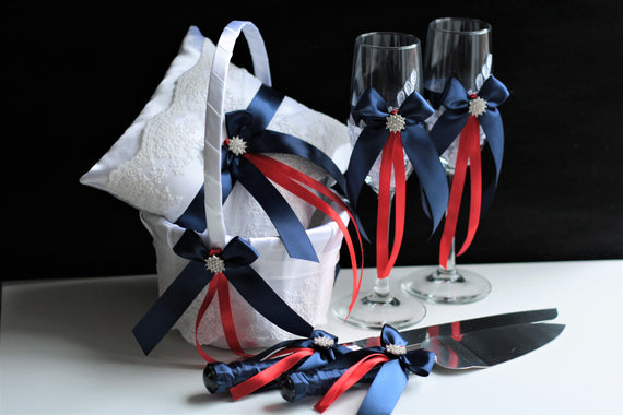 Navy Red Ring Bearer Pillow and Wedding Basket Set, Champagne Glasses, Cake Serving Set
