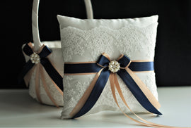 Navy Ring Bearer Pillow and Flower Girl Basket Set Champagne Basket Beige Ring Pillow Navy Blue Wedding Basket Pillow Set Navy Ring Holder