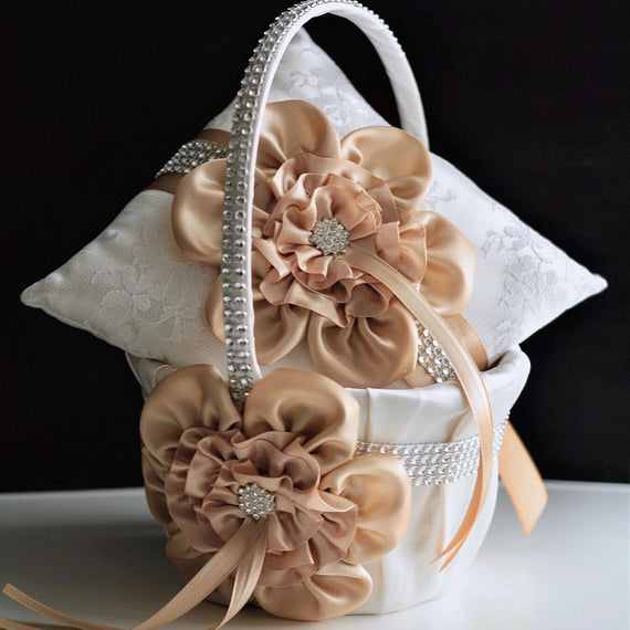 Beige Flower Girl Basket, Beige Ring Pillow, Champagne Wedding Basket, Wedding Pillow, Flower Girl Proposal, Ring Bearer Pillow