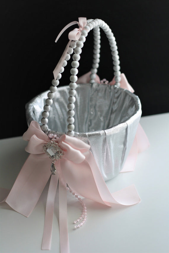 Pink Flower Girl Basket, Silver Ring Bearer Pillow, Silver Wedding Basket, Silver Pink Wedding Ring Pillow, Pink Bearer Pillow Basket Set