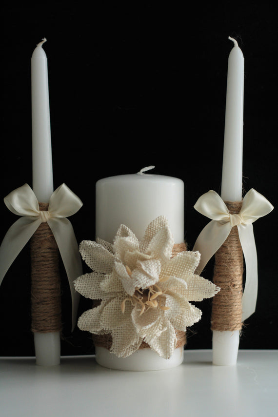 Rustic Unity Candles, Shabby Chic Candles, Rustic Wedding Candles, Burlap Unity Candle Set, Shabby Chic Wedding, rustic candles Set