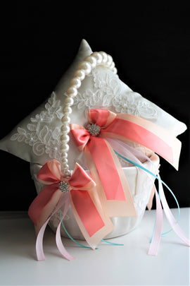 Coral Ring Bearer Pillow, Coral Wedding Basket, Flower Girl basket, Lace Ring Holder, Pillow for Rings, Peach Wedding Pillow, Lace Basket
