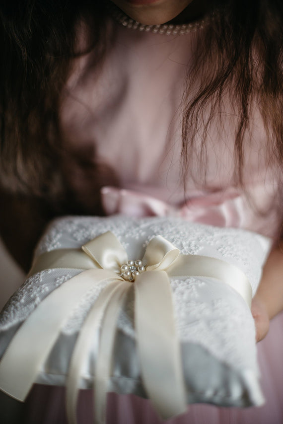 Ivory Wedding Ring Pillow, Beige Ring Bearer Pillow, Ivory Ring Holder, Wedding Accessories, Wedding Pillow and Basket, Flower Girl Basket