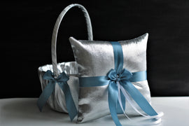 Silver Ring Bearer pillow, Steel Blue Flower Girl Basket, Silver Wedding Ring Pillow, Silver Ring Holder, Blue Wedding Basket, Antique Blue