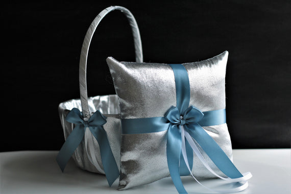 Silver Ring Bearer pillow, Steel Blue Flower Girl Basket, Silver Wedding Ring Pillow, Silver Ring Holder, Blue Wedding Basket, Antique Blue