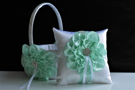 Mint Flower Girl Basket and Ring Bearer Pillow, White Ring Holder, Flower girl Baskets, Wedding Basket bag