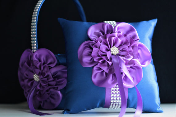 Blue Flower Girl Basket and Ring Bearer Pillow set Blue Purple Wedding Ring Pillow Blue Wedding Basket Royal Blue Wedding Ceremony Basket