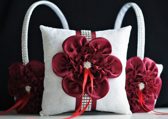 Burgundy Flower Girl Basket & Ring Bearer Pillow Burgundy Bridal Garter Set Wine Wedding basket Wine Wedding Pillow Wedding ceremony basket