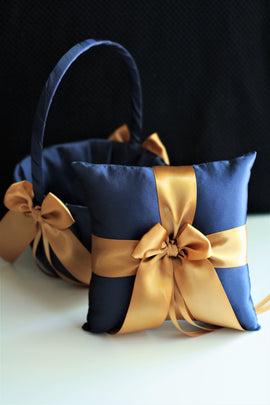 Gold Navy Ring Bearer Pillow Navy Flower Girl Baskets Gold Navy Wedding Pillow Navy Ring Holder, Navy Gold Basket Pillow Basket Set