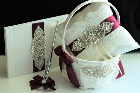 Burgundy Wedding Basket Ring Bearer Pillow Flower Girl Basket Marsala Ring Pillow Maroon Wedding Basket Guest Book with Pen Wedding Pillow