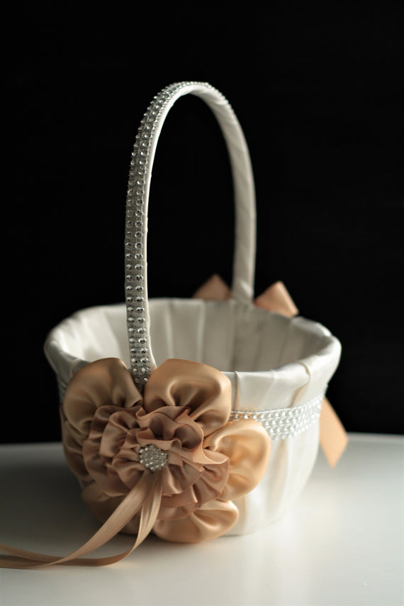 Beige Wedding basket Champagne Basket Ivory Flower Girl Basket Beige Basket for Petals Basket for flowers Wedding Ceremony Basket Pillow set